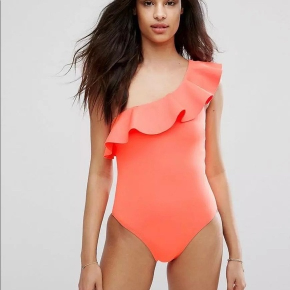 TED BAKER Sz 3 Frillay Shoulder Ruffle‎ Coral 1 piece bathing suit tank